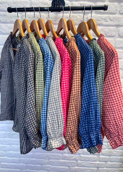 Navy Gingham 3/4 Sleeve Blouse