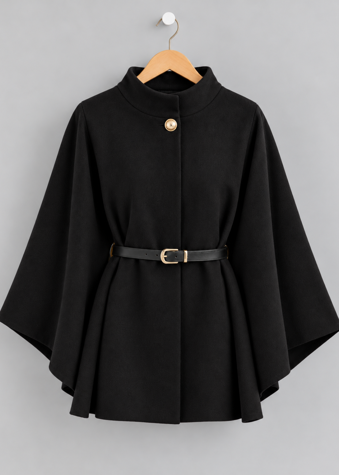 Black Funnel Neck Belted Cape Jacket