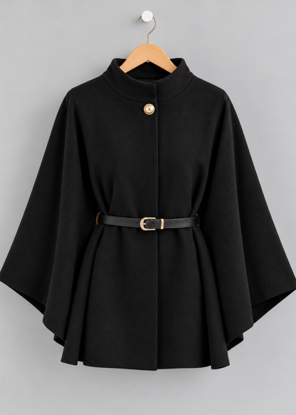 Black Funnel Neck Belted Cape Jacket