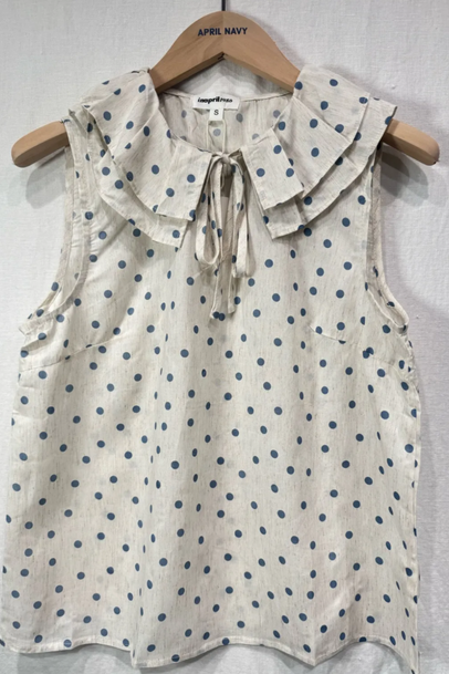 Blue/Oatmeal Polka Dot Frill Collar Blouse