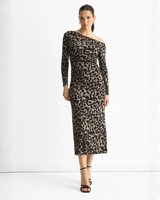 Grey Animal Jersey Animal One Shoulder Midi Dress
