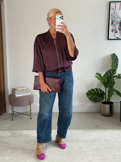 Plum Satin Drawstring Bomber Jacket