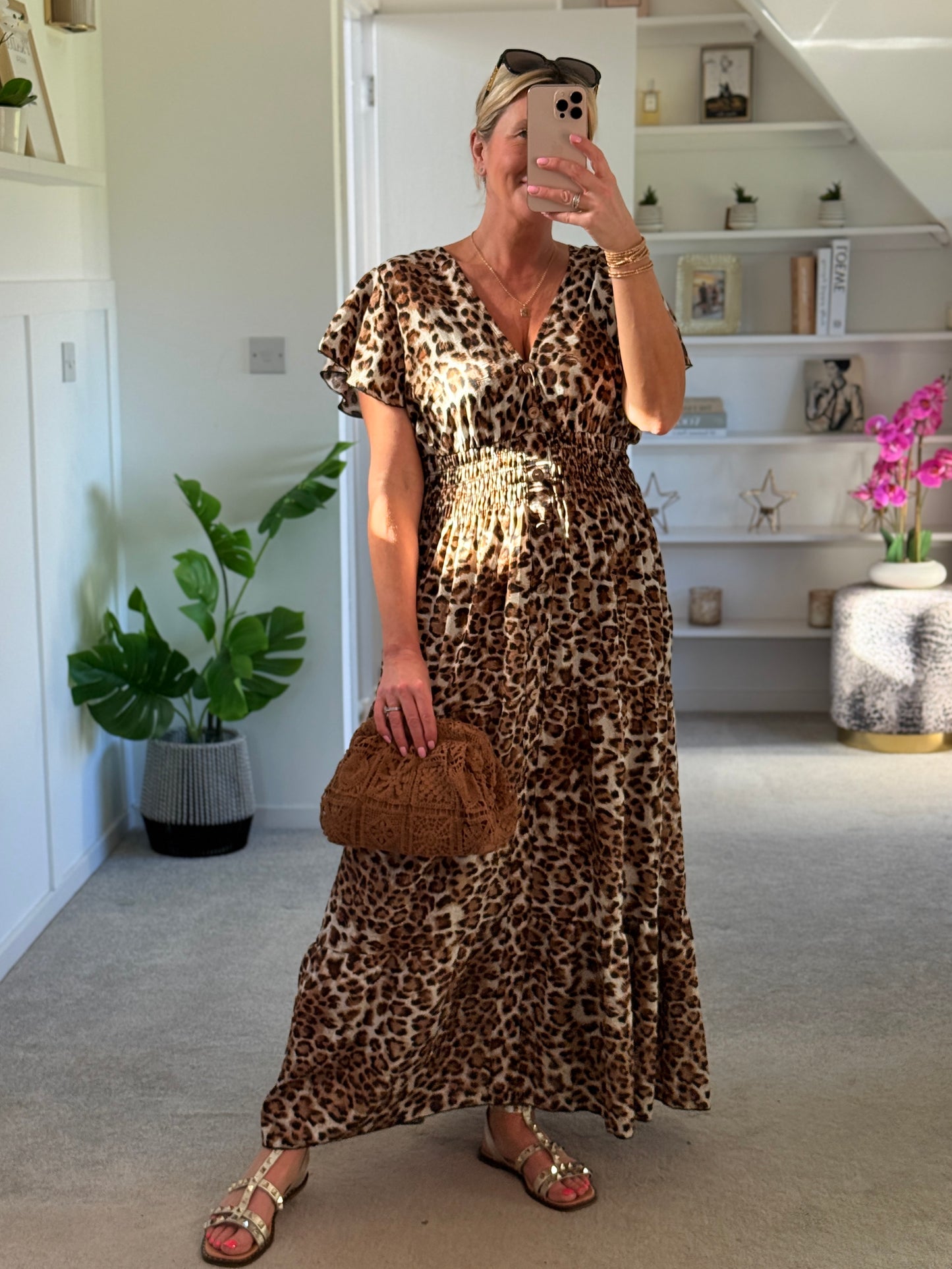 Cream Leopard V Neck Tiered Maxi Dress