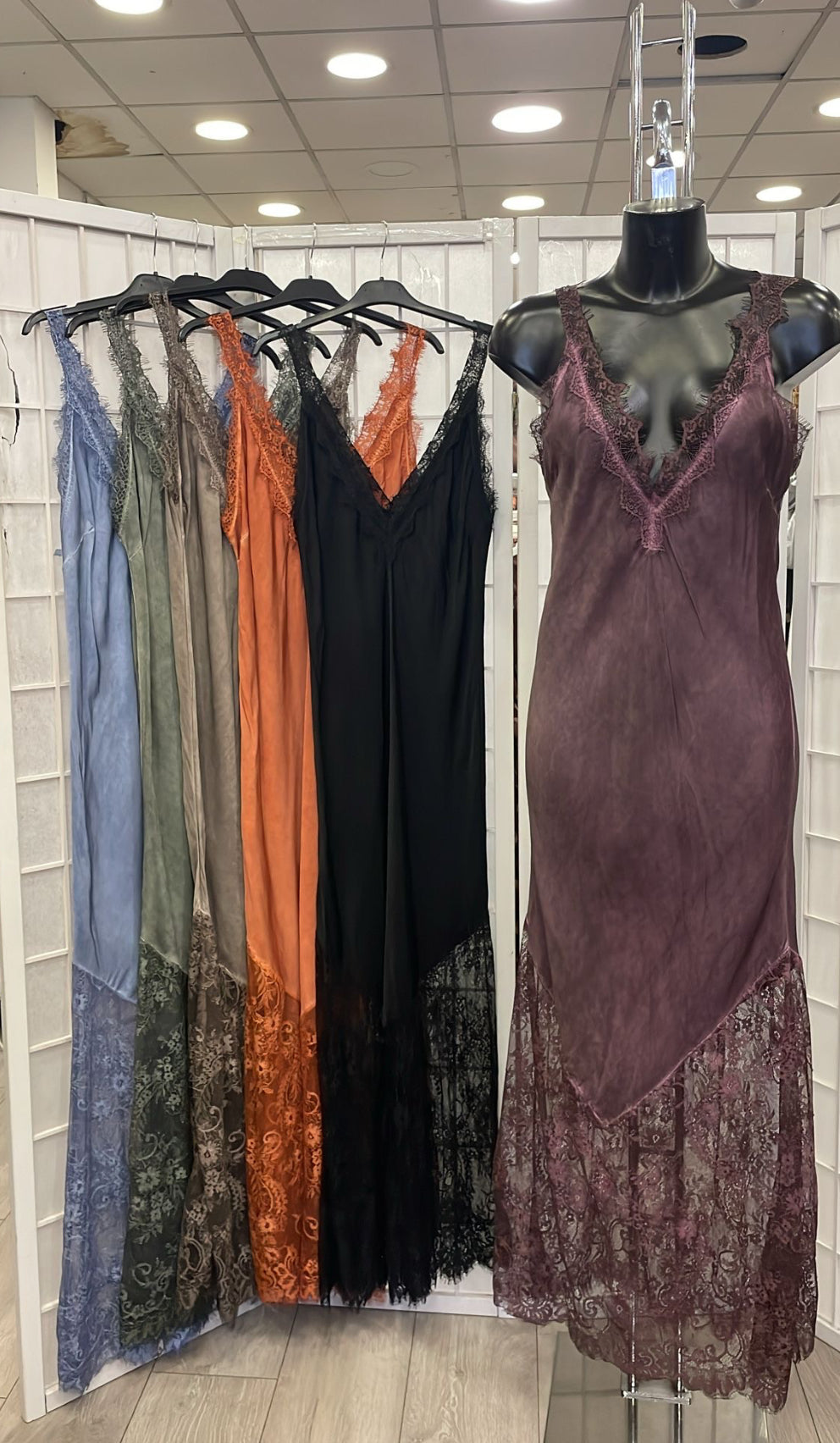 Black Satin Lace V-Neck Maxi Slip Dress