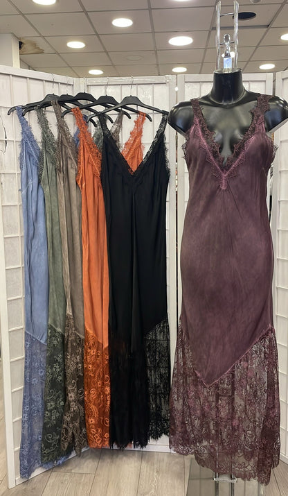 Black Satin Lace V-Neck Maxi Slip Dress