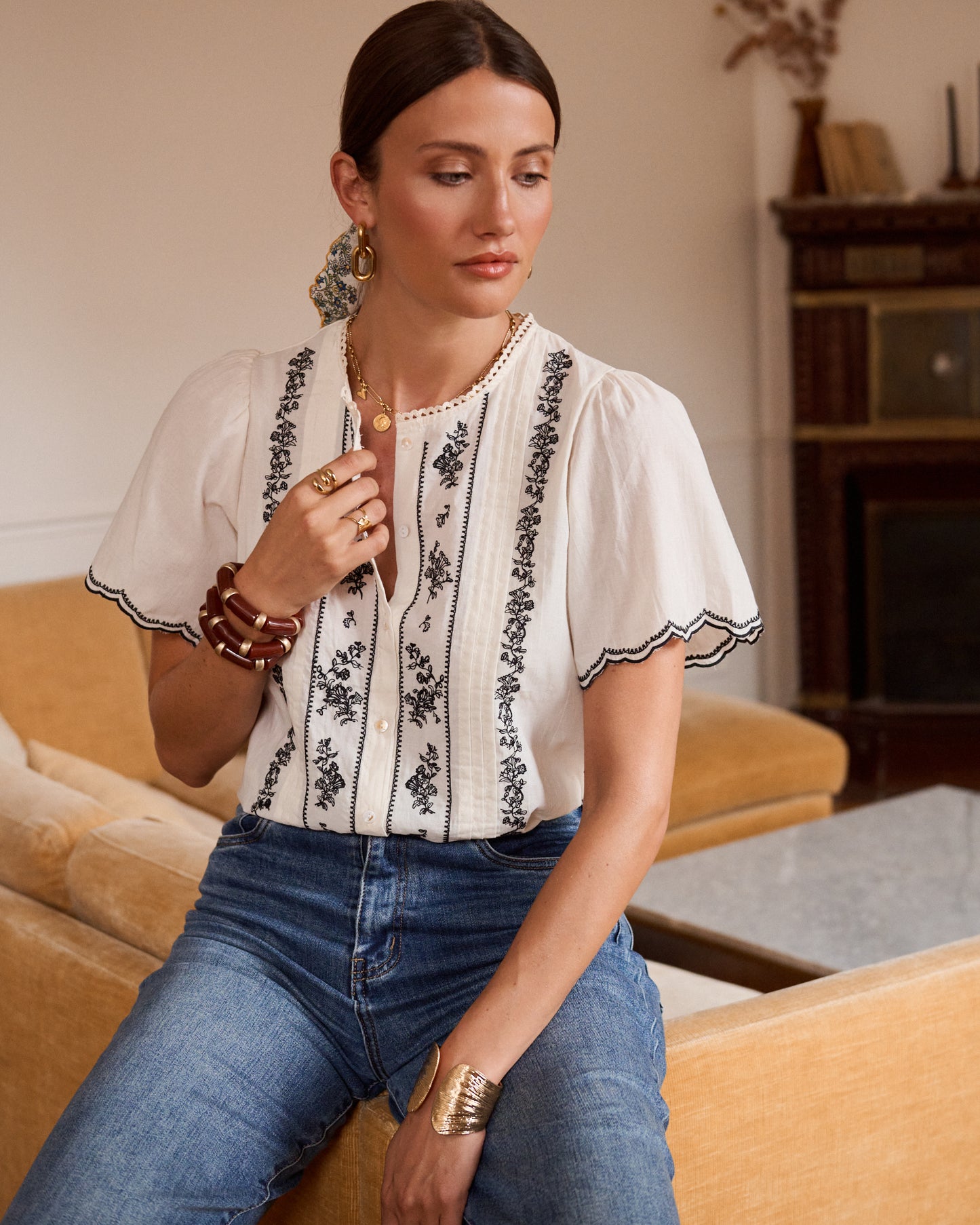 Cream Embroidered Puff Sleeve Blouse
