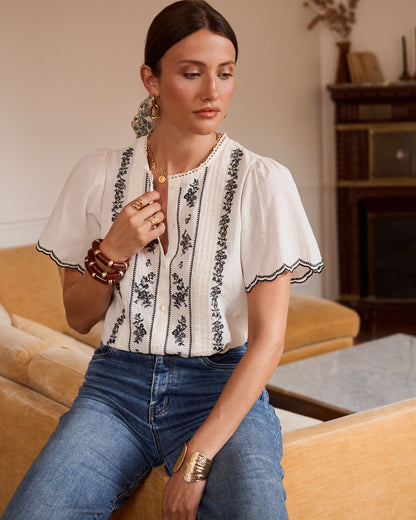 Cream Embroidered Puff Sleeve Blouse