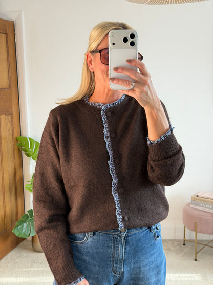 Chocolate/Blue Floral Frill Trim Cardigan