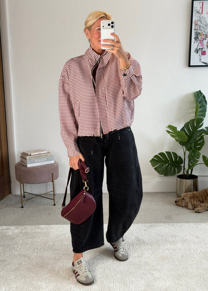 Burgundy Check Funnel Neck Jacket