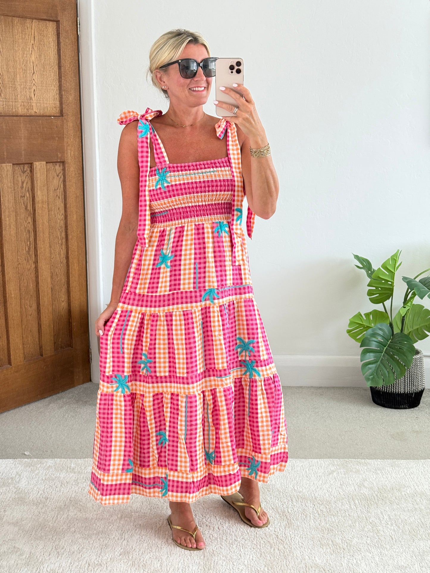 Pink/Orange Gingham/Palm Shirred Maxi Dress