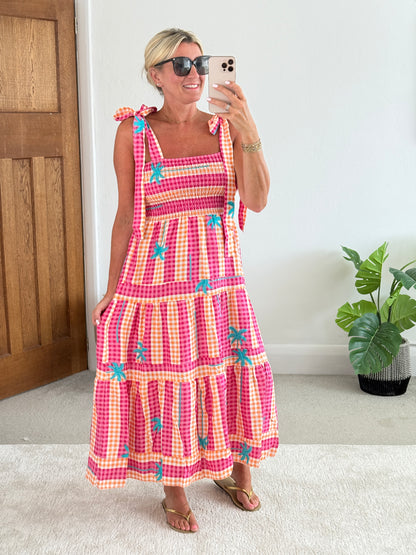 Pink/Orange Gingham/Palm Shirred Maxi Dress