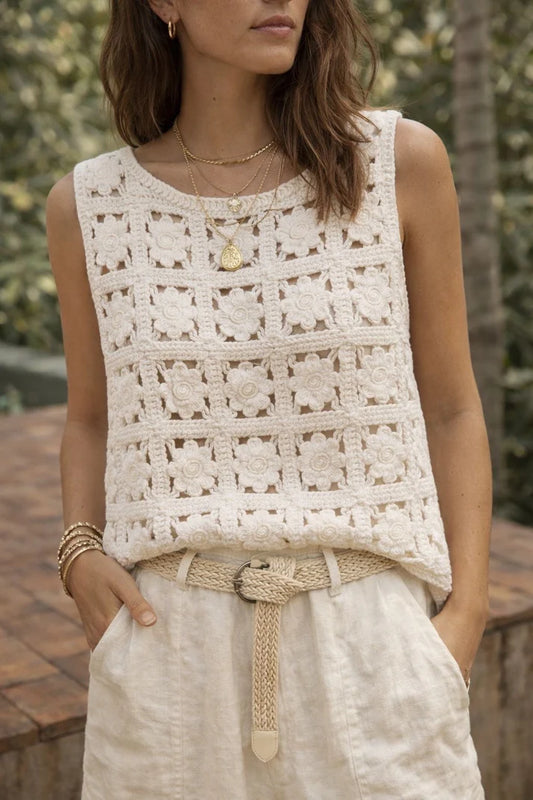 Stone Flower Embroidery Crochet Vest