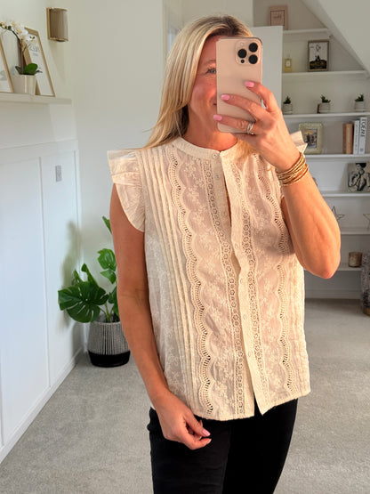 Oatmeal Frill Sleeve Lace Embroidered Blouse