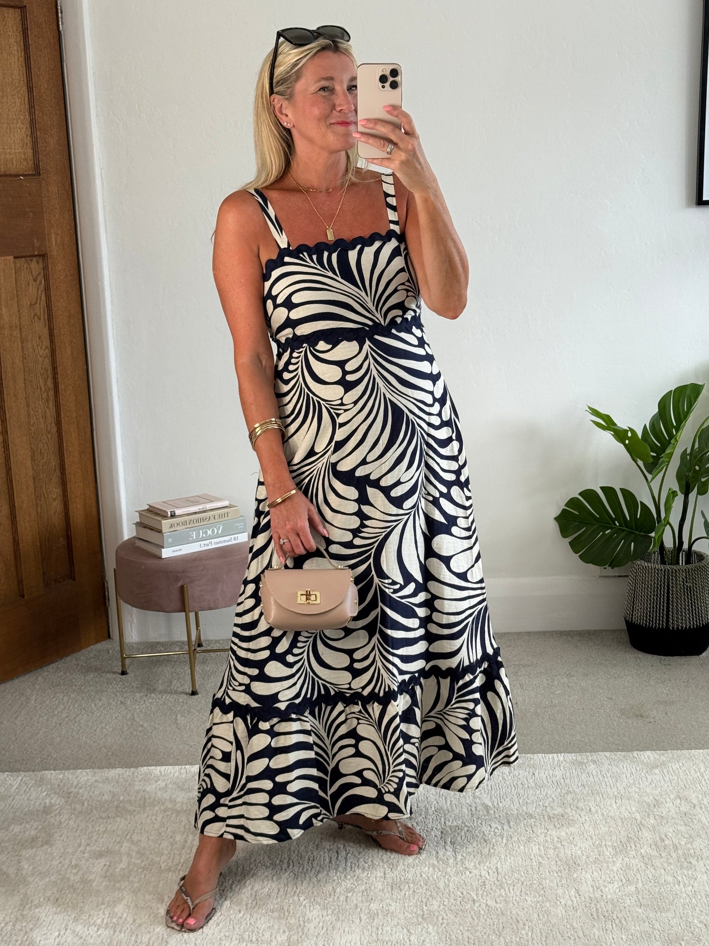 Navy Printed Scallop Detail Dress