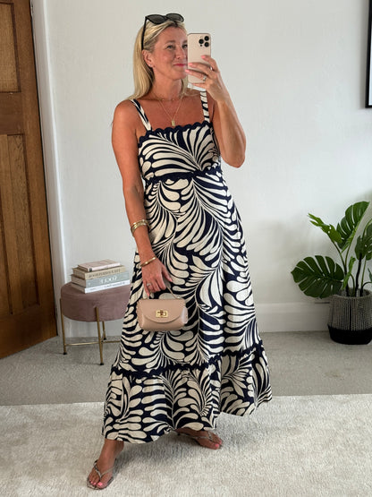 Navy Printed Scallop Detail Dress