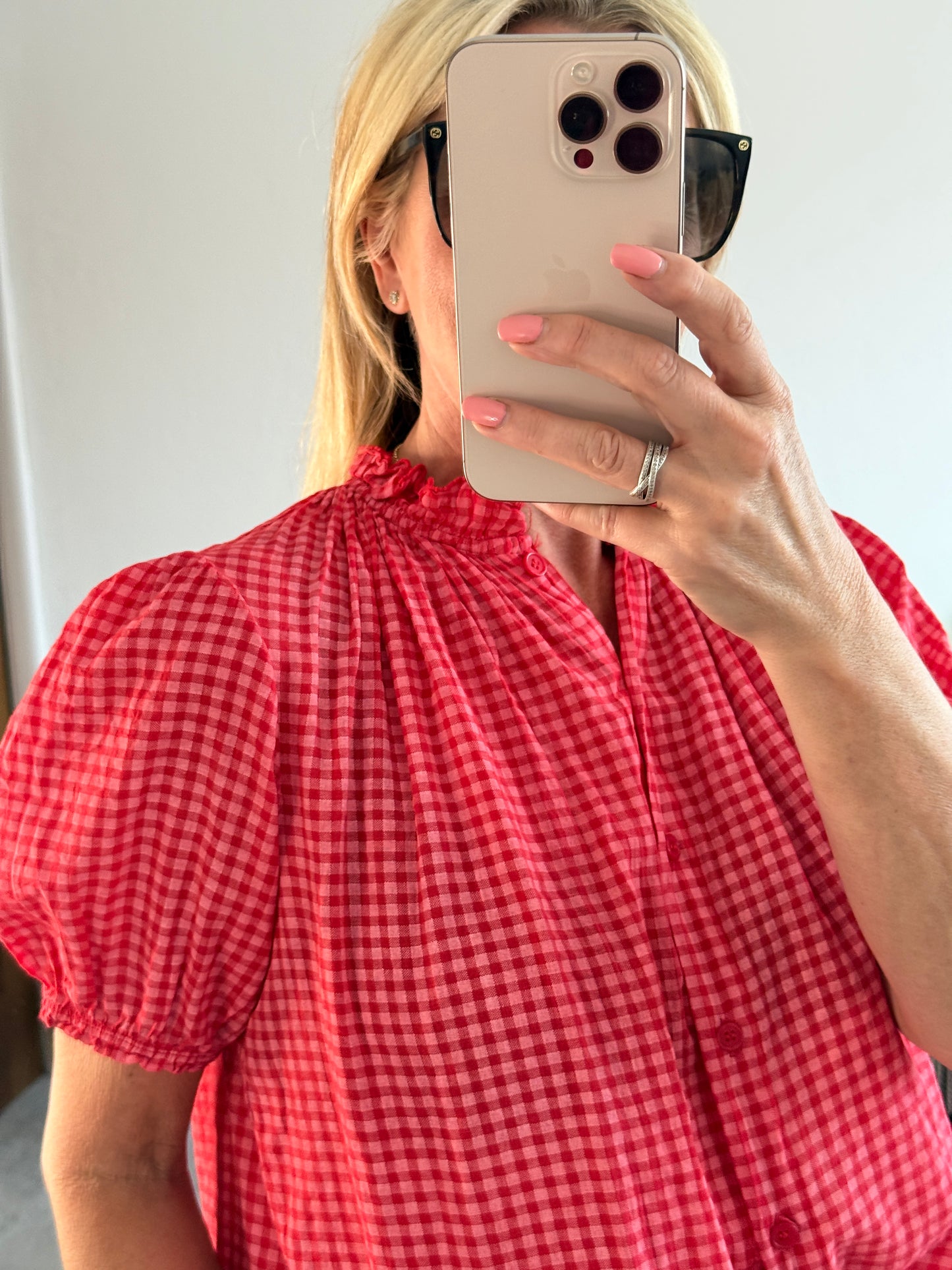 Red Gingham Puff Sleeve Blouse