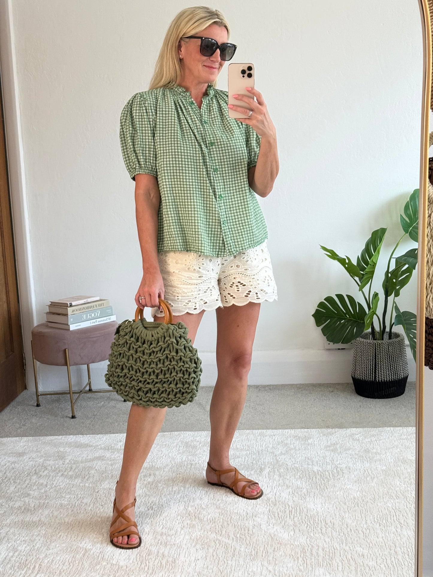 Khaki Gingham Frill Sleeve Blouse