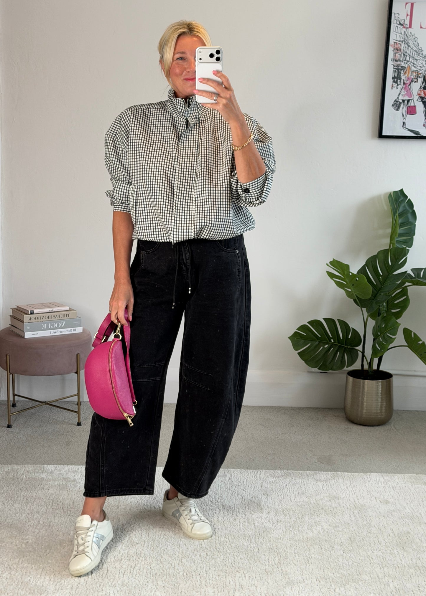 Black Check Funnel Neck Jacket