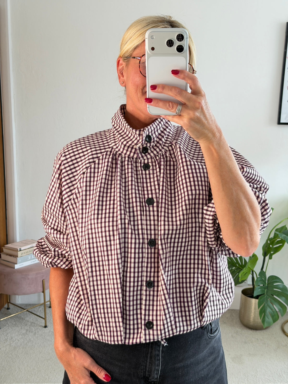 Plum Check Funnel Neck Jacket