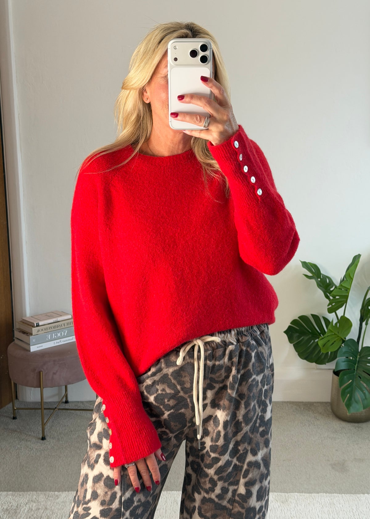 Red Alpaca Mix Button Cuff Jumper