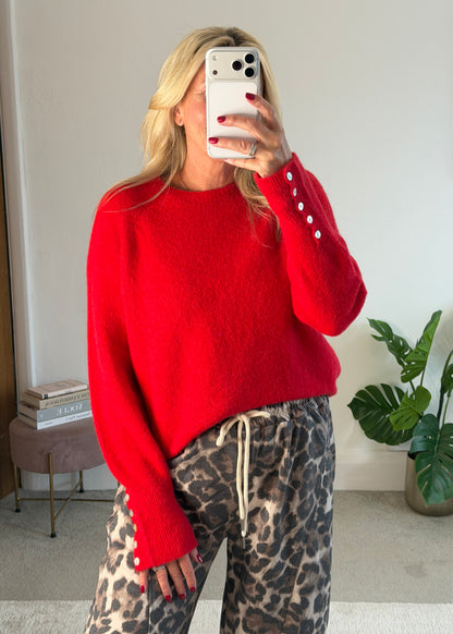 Red Alpaca Mix Button Cuff Jumper