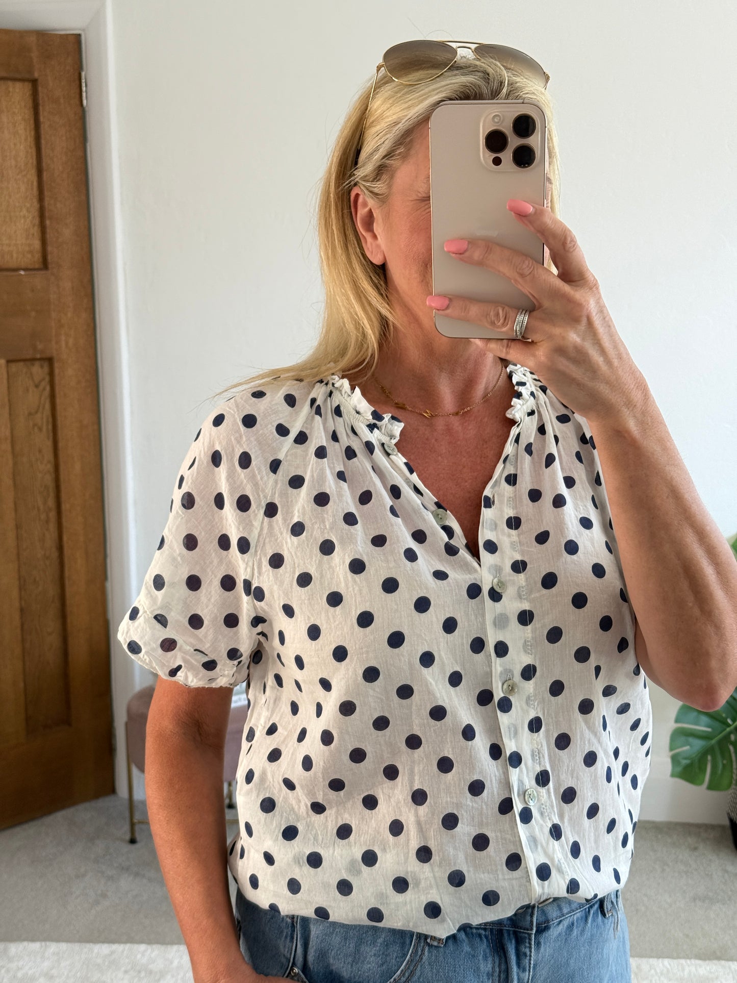 Navy Polka Dot Frill Sleeve Blouse