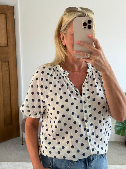 Navy Polka Dot Frill Sleeve Blouse