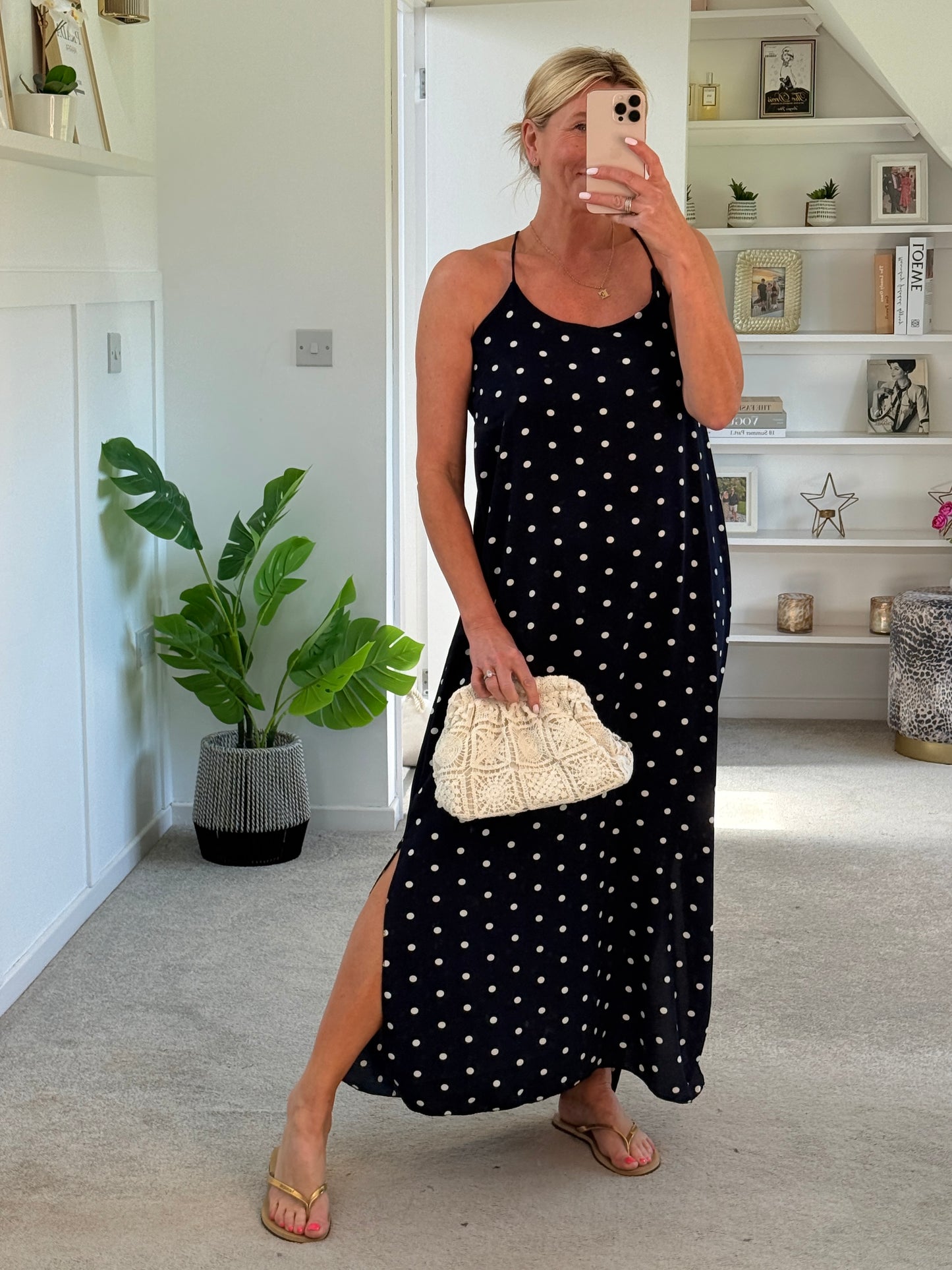 Navy/White Polka Dot Strappy Maxi Dress
