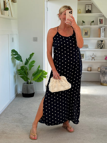 Navy/White Polka Dot Strappy Maxi Dress