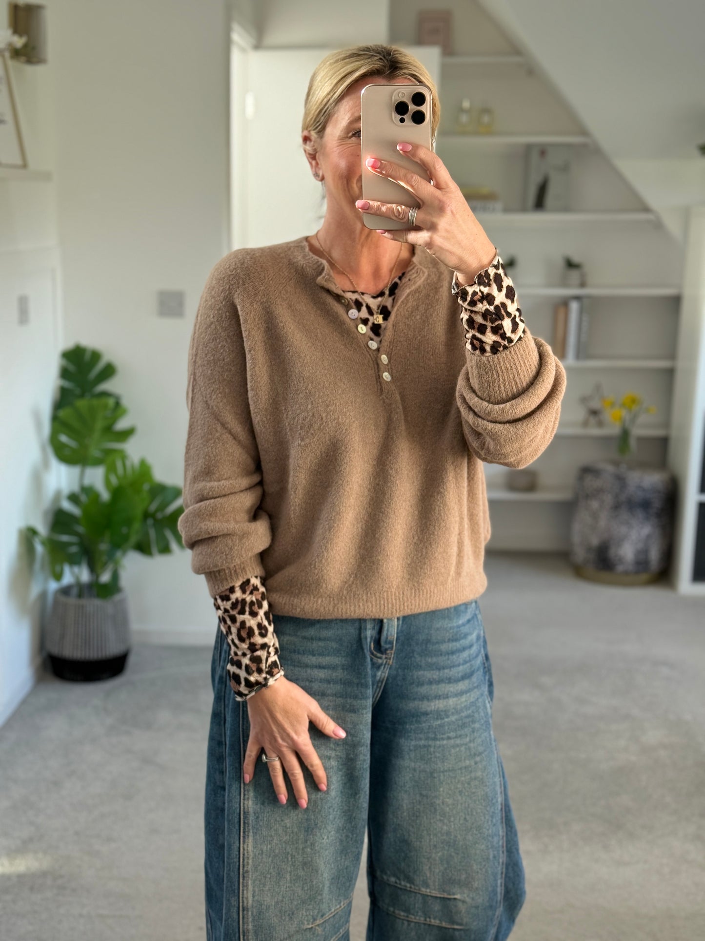 Stone Leopard Cashmere Blend Layering Top