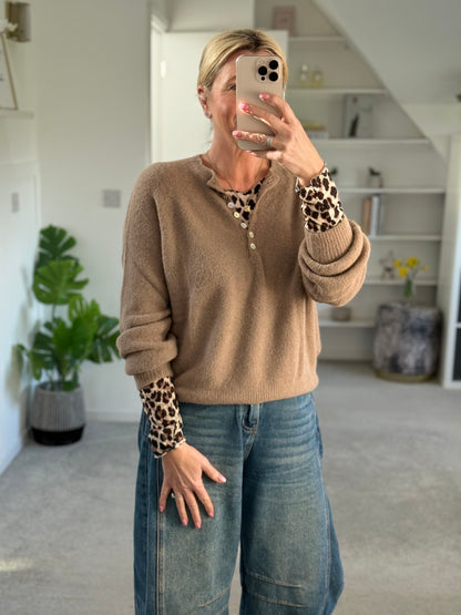 Stone Leopard Cashmere Blend Layering Top