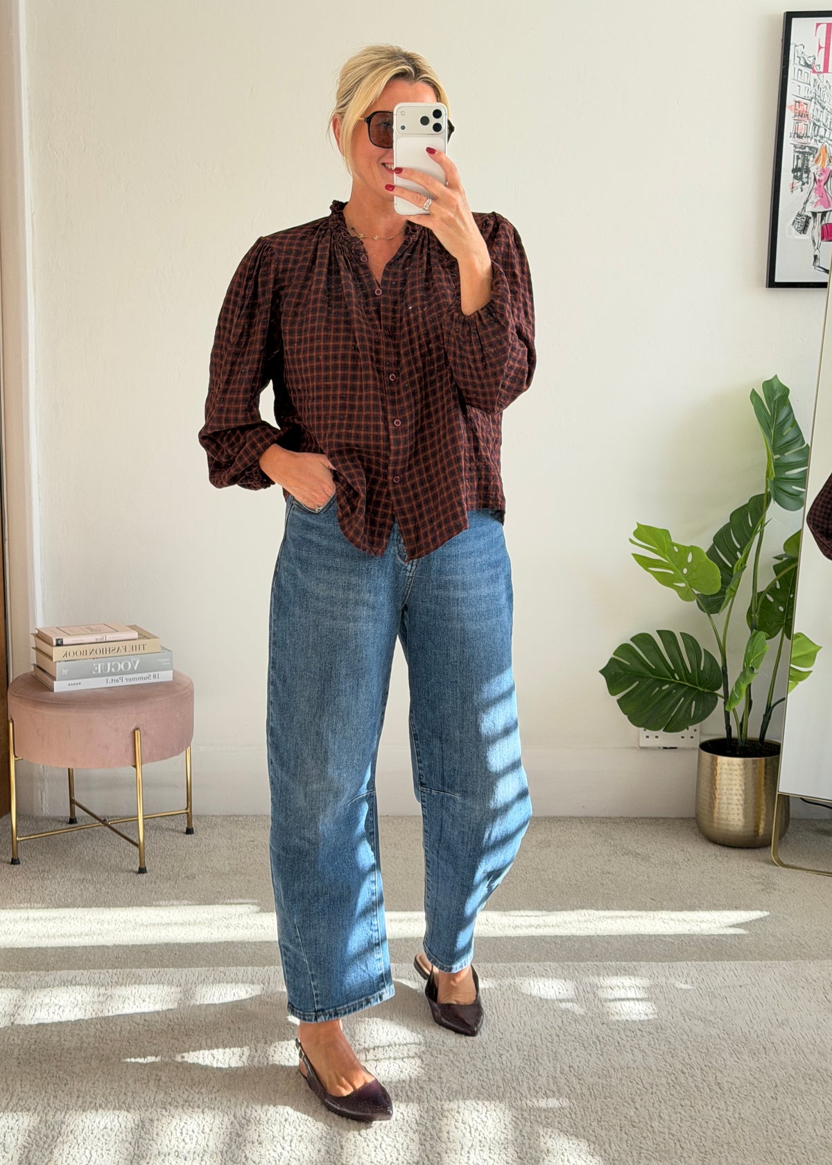 Burgundy Heritage Check Frill Collar Blouse
