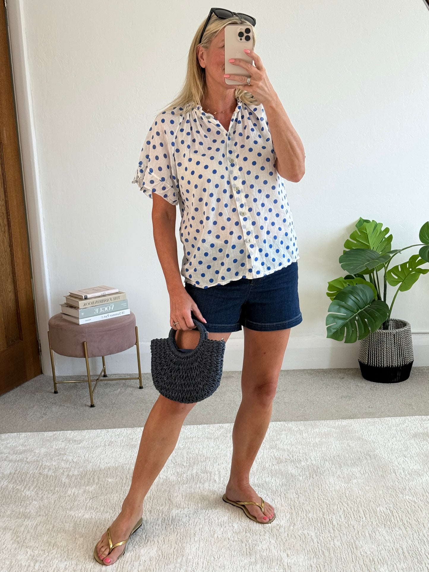 Royal Blue Polka Dot Frill Sleeve Blouse