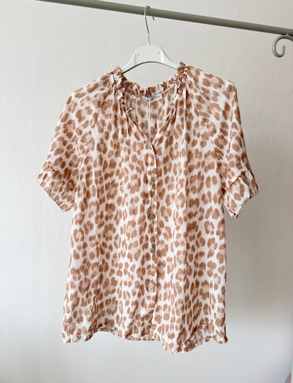 Beige Leopard Frill Sleeve Blouse