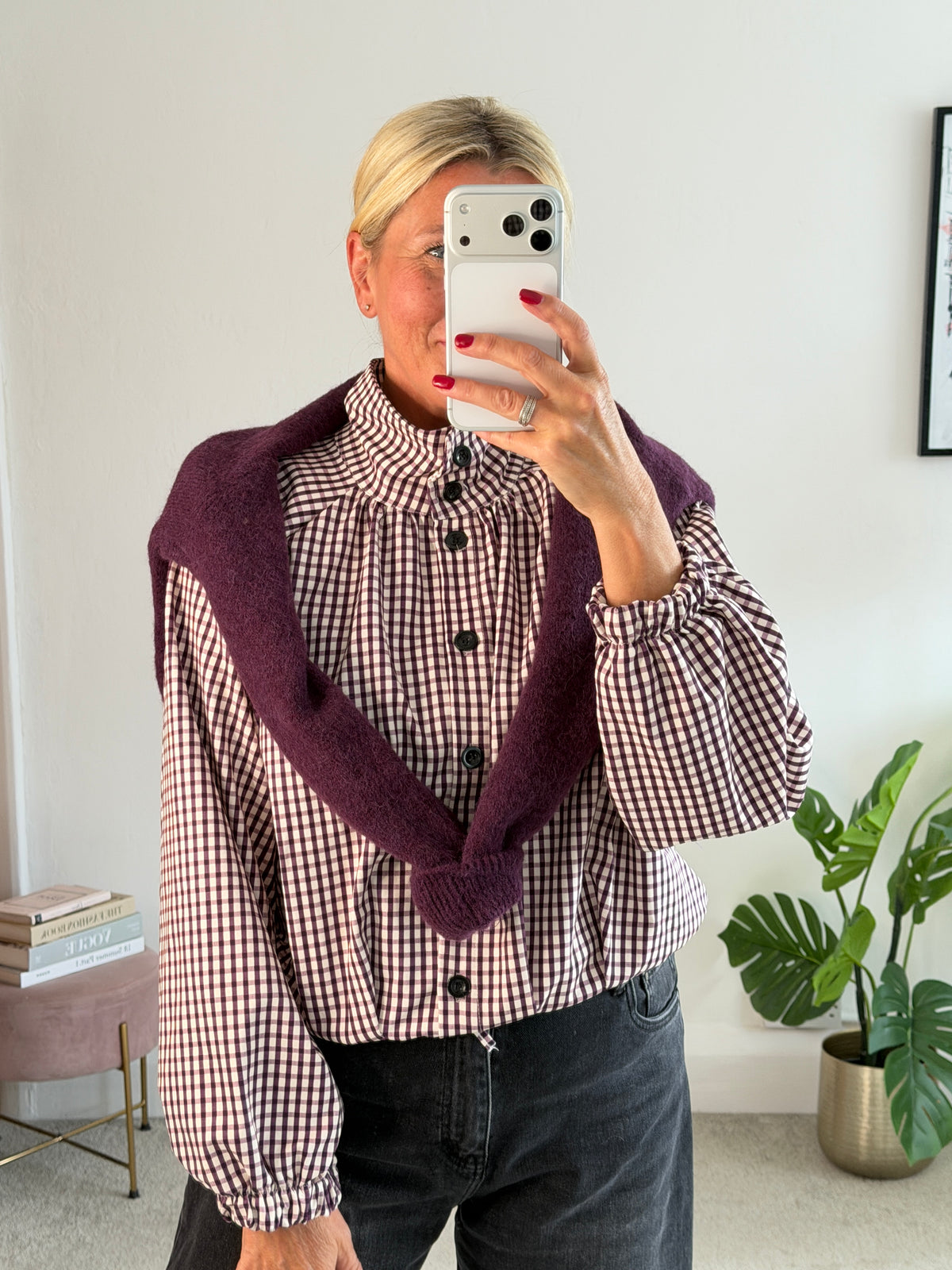 Plum Check Funnel Neck Jacket