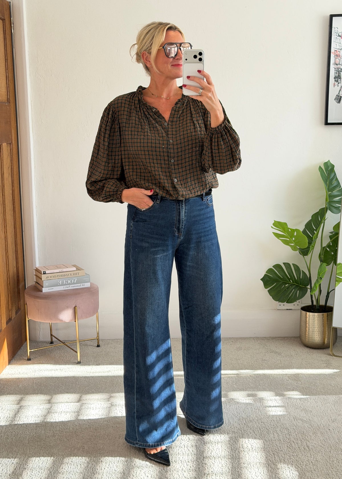 Khaki Heritage Check Frill Collar Blouse