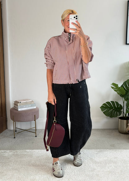 Burgundy Check Funnel Neck Jacket