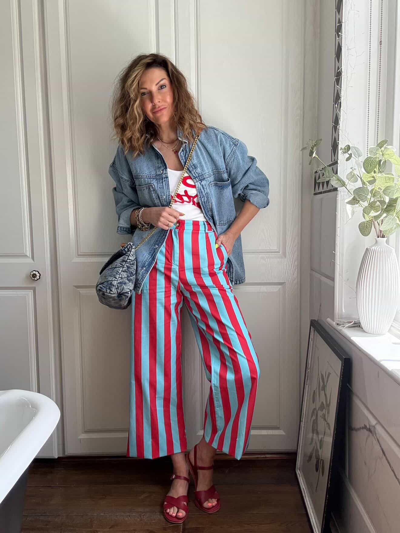 Red/Turquoise Blue Stripe Trousers