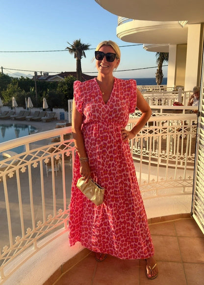 Cream Leopard Print Frill Sleeve Maxi Dress