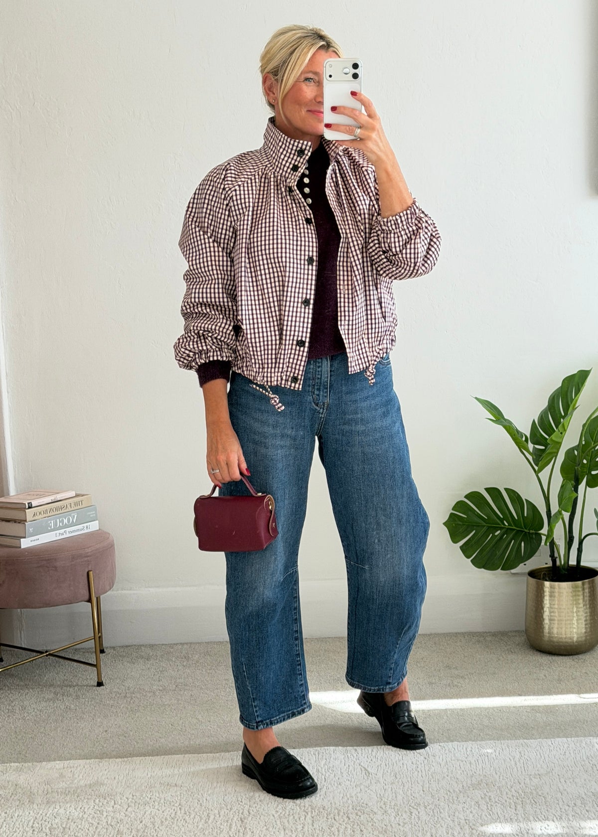 Plum Check Funnel Neck Jacket