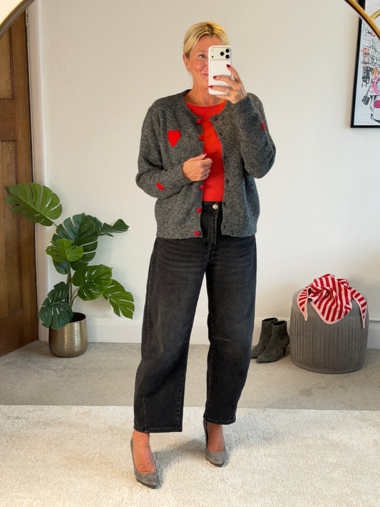 Grey/Red ❤️ Heart Button Cardigan