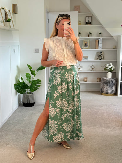 Sage/Oatmeal Botanical Floral Midi Skirt