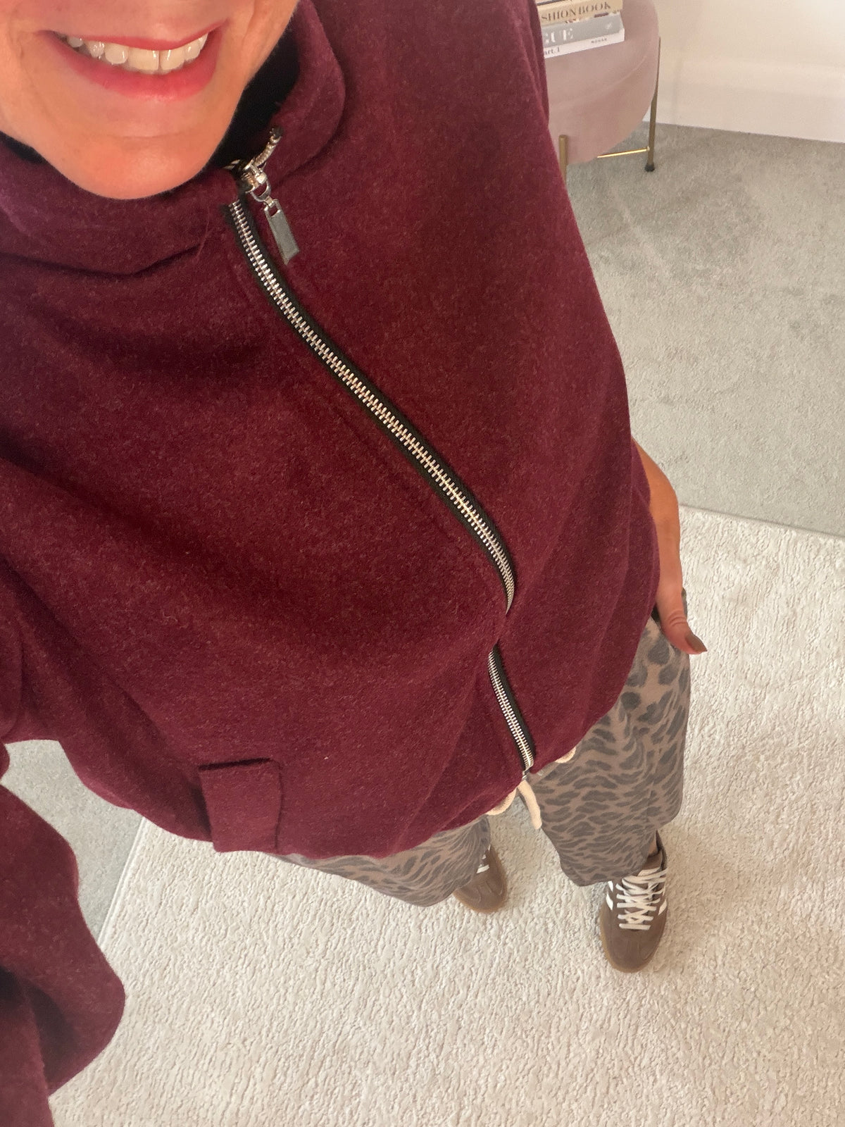 Burgundy Brushed Funnel Neck Zip Jacket