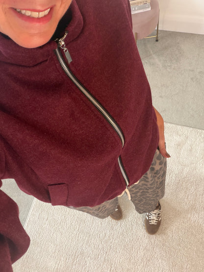 Burgundy Brushed Funnel Neck Zip Jacket