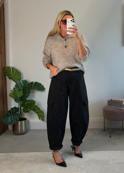 Black Barrel Leg Cargo Trousers
