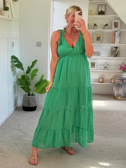 Kelly Green Tie Strap Tiered Maxi Dress