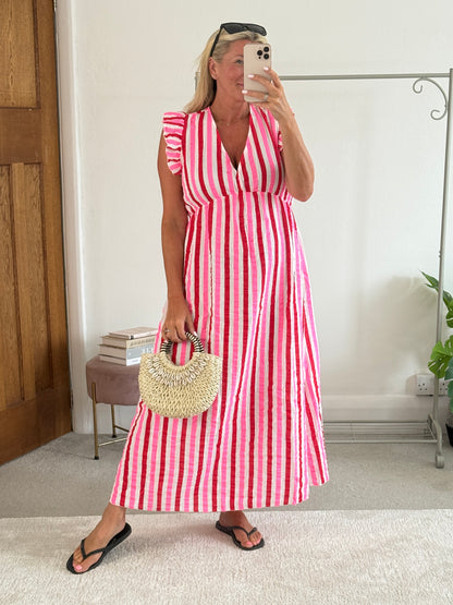 Pink/Red Stripe Cheesecloth Frill Sleeve Maxi Dress (Pre-Order)