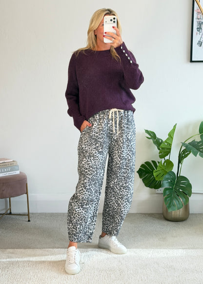 Grey Leopard Barrel Joggers