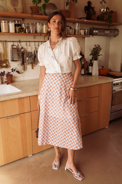 Orange/Blue Retro Check Flared Midi Skirt