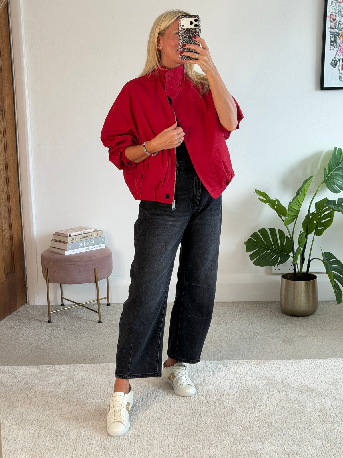 Red Funnel Neck Trench Bomber Jacket